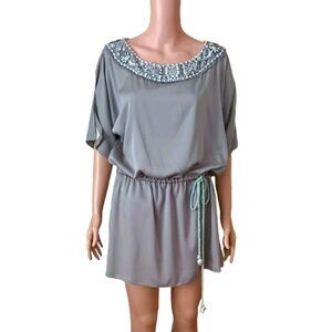 Alice + Olivia Beaded Collar Dress M Dark Taupe Kimono Dress with Corded Belt